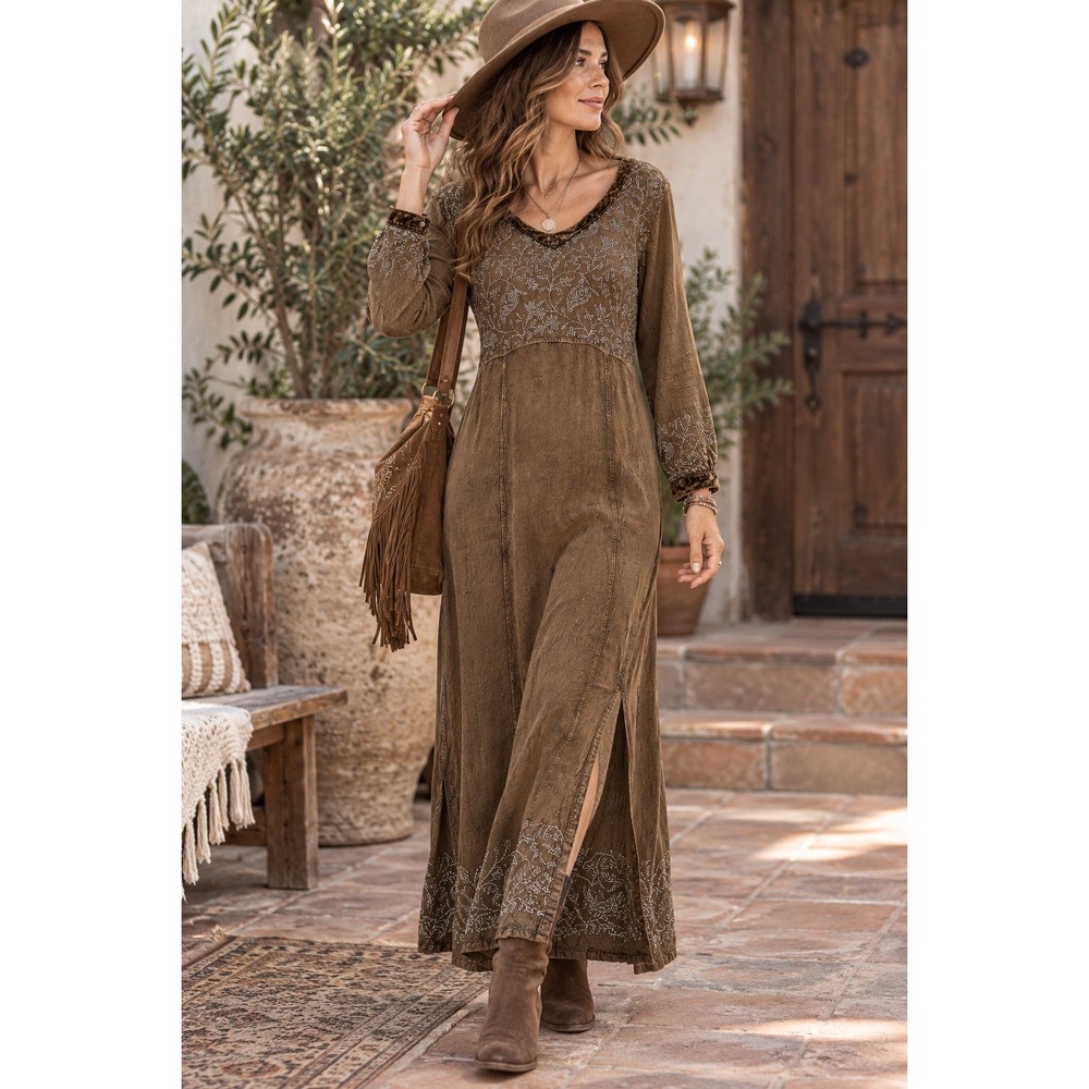 Vintage 90s Sacred Threads NWT Brown Embroidered Maxi Dress M/L Boho Rayon